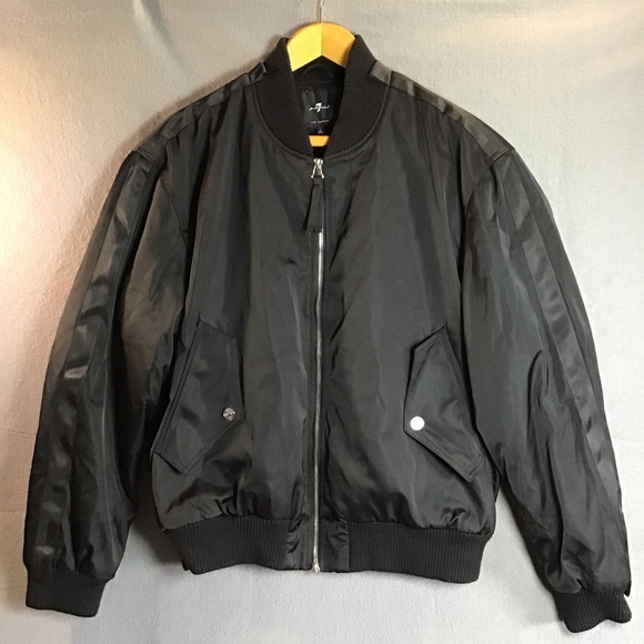 7 For All Mankind Men's Black Bomber Jacket Size L Zip Up Streetwear Outerwear